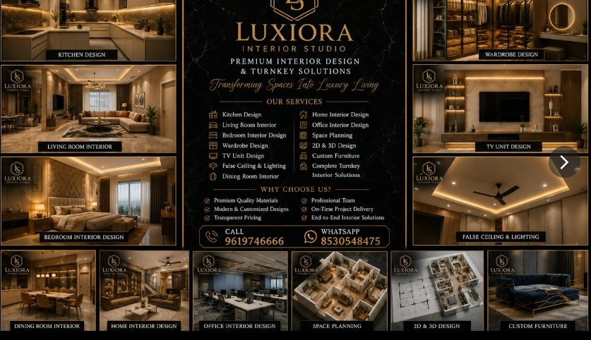 Luxiora Interior Studio service categories — kitchen, wardrobe, living room, TV unit, false ceiling, custom furniture